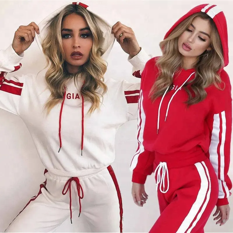 2018 son kadın 2 adet eşofman ceket + pantolon rahat spor takım elbise kırmızı/beyaz Hoodie kazak