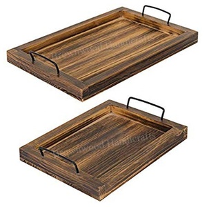ถาดเสิร์ฟขนาดใหญ่ทำจากไม้สนพร้อมที่จับโลหะ2ชิ้นถาดงานไม้แฮนด์เมด - Product Image 2