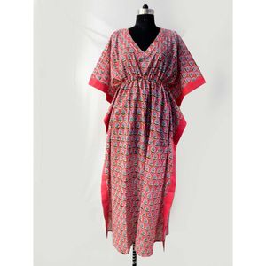 Floral Design Bohemian Hand Block Printed Cotton Kaftan Maxi Dress for <b>Women</b> Breathable Summer <b>Poncho</b> Top Natural Knee-Length - Product Image 1