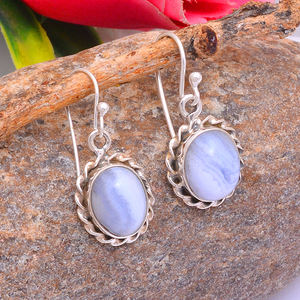 Oval Cab Blue Lace Agate Gemstone 925 <b>Sterling</b> <b>Silver</b> Bezel Setting <b>Earrings</b> for <b>Women</b> Trendy Fashionable for Wedding Party Gift - Product Image 1