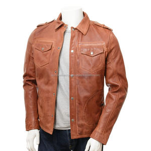 Chemise en cuir veste de Baseball chemise personnalisée en cuir véritable chemises hommes Tan - Product Image 2