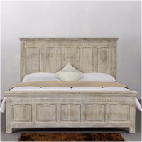 Lit double pliable en bois massif avec finition blanche vieillie, design Indian Oak, tissu doux, mobilier de maison