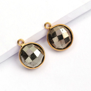 Bisel de piedras preciosas facetadas de pirita de oro Natural de 12mm, plata de ley chapada en oro de 18 quilates, colgante de forma redonda, proveedor - Product Image 2