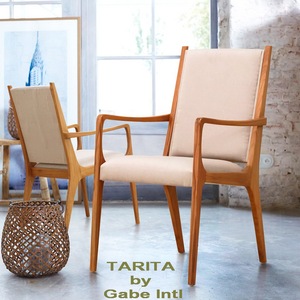 Silla de comedor con brazo de madera de teca sólida y tela de tapicería Estilo vintage contemporáneo - Product Image 2