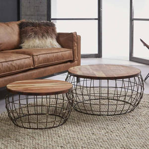 Grillage métallique rond et ensemble de meubles de salon de table basse en bois pour usage domestique - Product Image 1