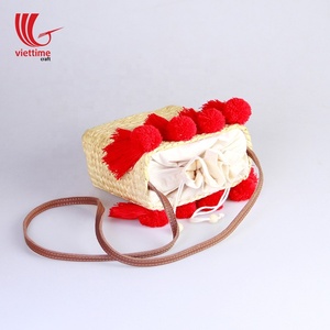 Bolsa de paja tejida para playa, bolso de jacinto de agua, bolso de mano de paja con pompón - Product Image 5