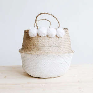 Stylish Eco-Friendly Colorful Pompoms <b>Seagrass</b> Belly <b>Basket</b> with Flexible Design Practical <b>Storage</b> Solution - Product Image 1