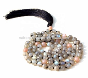 Collar de cuentas Mala 108 hecho a mano estilo clásico labradorita y piedra lunar piedras preciosas hinduismo regalo religioso de artista indio - Product Image 4