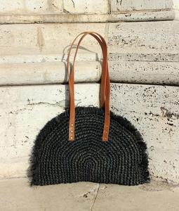 กระเป๋าชายหาดผ้าป่านสานด้วยมือสีชมพูครึ่งวงกลมกระเป๋าโท้ทหนังวัวบุด้วยผ้าลินินซิปปิดสองมือจับเปิดสไตล์ - Product Image 3