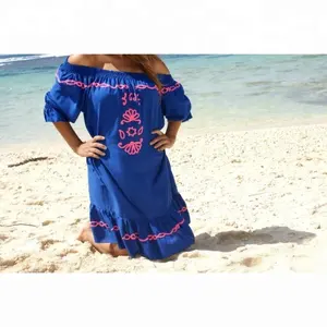 Latest Fashion Summer Style Embroidered Cold Should Free Size Boho Summer Bohemian Embroidered Tunic Dress Sexy Beach wears Bulk