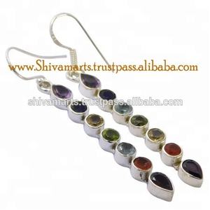 Solid 925 perak murni Amethyst Multi batu permata Chakra anting menjuntai gaya antik untuk pesta wanita mode perhiasan grosir - Product Image 2