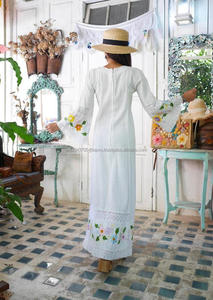Mexican Wedding Trendy <b>Lace</b> Dress With Floral Embroidered Vintage 60's Pintac Fabric Bell Sleeves Luxury Resort Wear Maxi Dress - Product Image 6