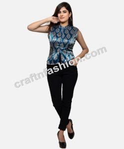 Designer Gaji Silk Short Indo Western <b>Blouse</b> Top-Ajrakh & Lotus Print Indian Fashion Wear - Product Image 4