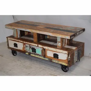 Indian Handmade Industrial Look TV Low Board Cabinet Table with Wheels for Home Living Room at Wholesale Price in India