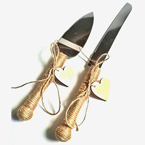 Ensemble de couteau à gâteau et serveur à manche enveloppé de jute en métal en acier inoxydable - Product Image 1
