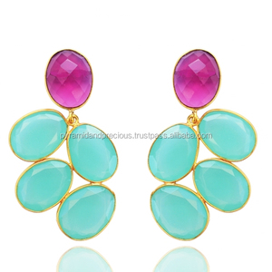 Chapado en oro de piedras preciosas de Calcedonia pendientes-pendientes Aqua y Rosa caliente Calcedonia piedra pendiente - Product Image 2