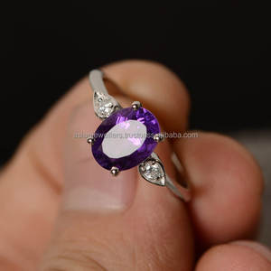 Handmade <b>925</b> <b>Sterling</b> <b>Silver</b> <b>Ring</b> with Amethyst and CZ Natural Gemstones Classic Style Wedding and Party Jewelry - Product Image 1
