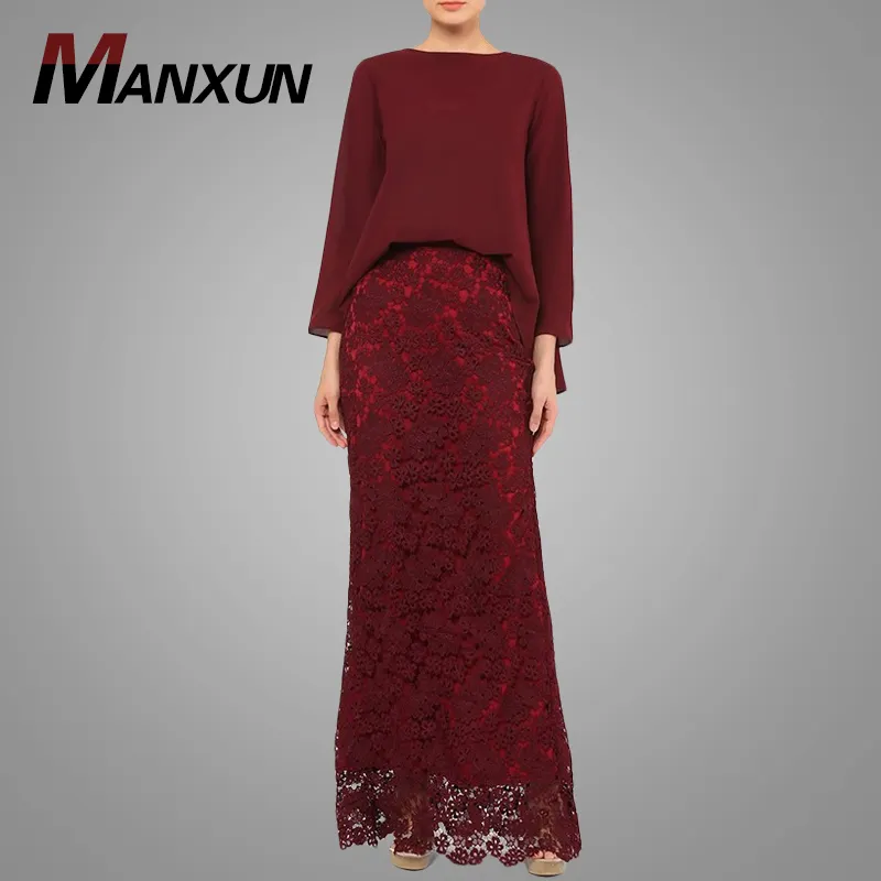 Maleisië Traditionele Kleding Maroon Kant Baju Kurung Chiffon Top Baju Kebaya Voor Moslim Vrouwen