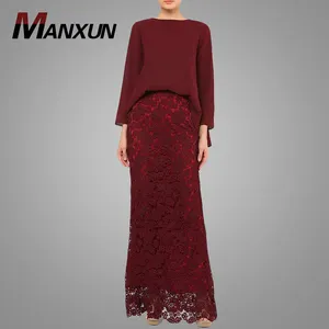 马来西亚传统服装 Maroon Lace Baju Kurung Chiffon Top Baju Kebaya For Muslim Women
