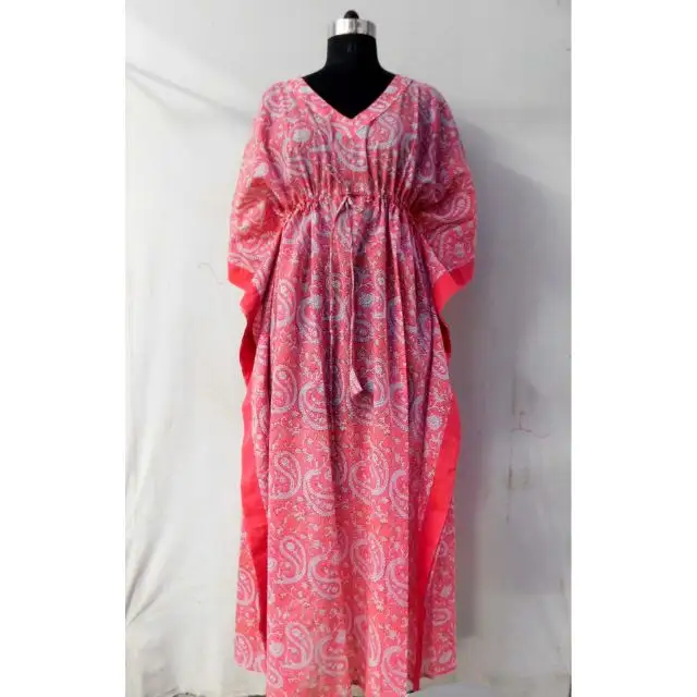 Hand Plock Gedrukt Kaftan Katoen Designer Maxi Jurk Vrouwen Lange Tuniek Handgemaakte Casual Avond Party Dress Up