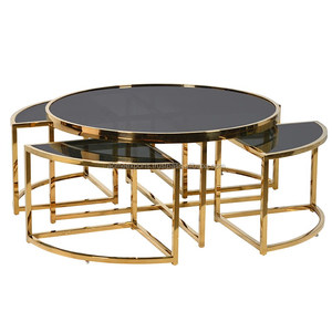 Mesa de Centro Moderna de Acero Inoxidable con Tapa de Espejo Negro y Detalles en Dorado - Product Image 2