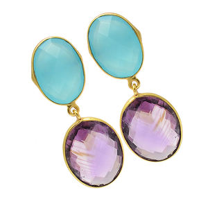 Attractive Chalcedony Amethyst Gemstone 925 <b>Sterling</b> <b>Silver</b> Gold Plated Stud Dangle <b>Earrings</b> Fashionable <b>Earring</b> for <b>Women</b>. - Product Image 2