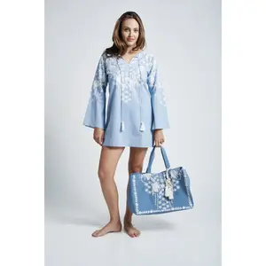 Latest Custom Design Women's Fashion Full Wide Sleeves Adjustable Tassels Embroidery Beach Wear Tunic With Matching Bag