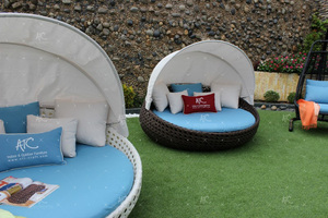 Vòng sang trọng Sun <span class=keywords><strong>Lounger</strong></span> với tán ngoài trời Vườn mây đồ nội thất gỗ khung nhôm PE vải chất liệu cho hồ bơi bãi biển khách sạn - Product Image 5