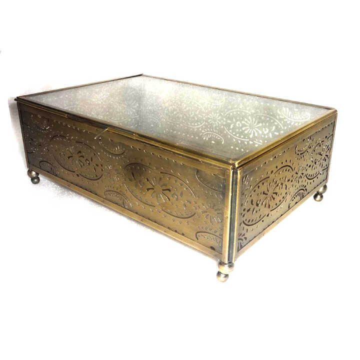 Decorative Brass Etching with Glass Top Jewelry Box for jewelry Storage