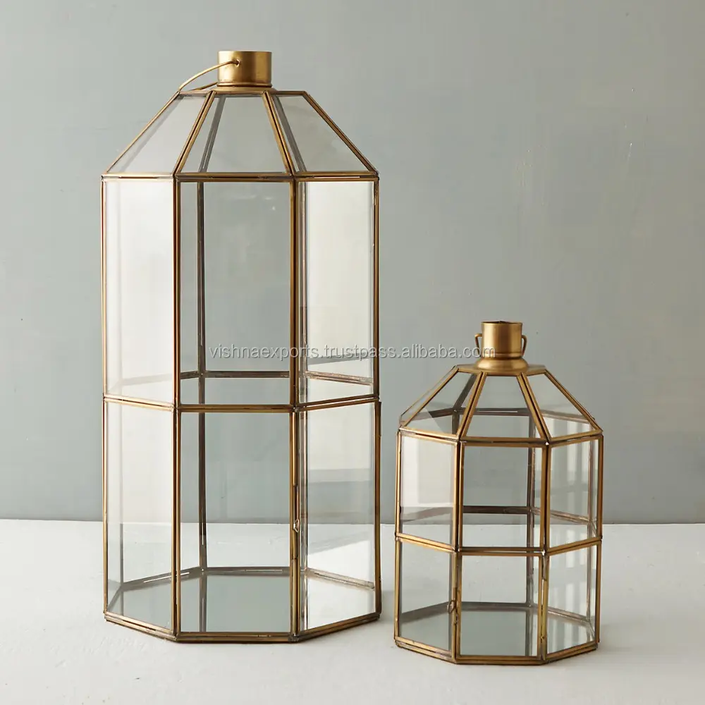 Brass Metal Lantern With Clear Glass For Home & Wedding Decoration