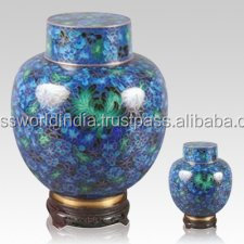 Urnes funéraires en métal cloisonné bleu de style américain par Brassworld India - Product Image 3