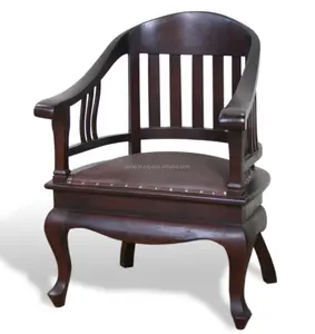 餐椅殖民地风格复古实木柚木棕色手工皮革座椅