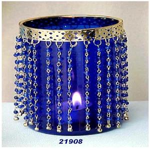 Metal & Glass Handmade <b>Hanging</b> Votive <b>Holder</b> Lantern Style Blue Glass <b>Tealight</b> Christmas Home Decoration - Product Image 1