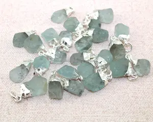 Natural Rough Aquamarine Gemstone Connector Nugget Silver Plated DIY Charms Birthstone Finding Connector