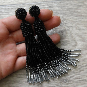Tassel <b>earrings</b> black and <b>silver</b>, <b>long</b> black tassel <b>earrings</b> stud, Black beaded tassel - Product Image 1