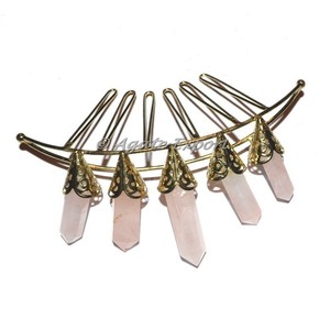 Corona de piedras preciosas, accesorio para el cabello, cuarzo rosa, 5 Lápices, corona dorada, novedad - Product Image 1