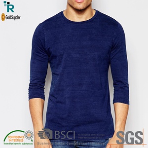 Cómoda Camiseta de manga tres cuartos con cuello redondo de gran tamaño para hombre, vaquero azul lavado ácido algodón losa inyectar suave al tacto estampado de punto - Product Image 5