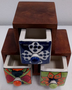 Indian Handmade Wooden Natural Finish Hand Painted 3 Drawer Wooden Ceramic Spices Box for Kitchen - Product Image 3