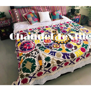 Couvre-lit indien Suzani brodé à la main, lumineux, pour lit simple, canapé, jeté avec rembourrage en coton, décoration murale, dessous de table, art de la maison, couverture - Product Image 3