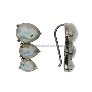 Labradorita Teardrops Prong Set Ear Climbers-Gold Vermeil Pendientes de piedras preciosas para mujeres Regalo de compromiso de boda - Product Image 2