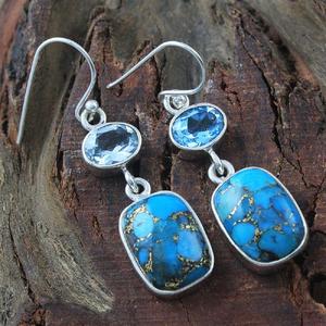Bleu cuivre turquoise bleu topaze pierre précieuse 925 boucle d'oreille en argent sterling bijoux design élégant boucle d'oreille - Product Image 1