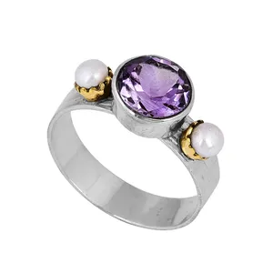 genuine round amethyst pearl gemstone ring solid 925 sterling silver wedding jewellery bulk order