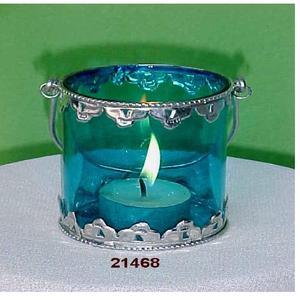 Meilleur vendeur en gros bon marché Vintage Silver Brass & Blue Glass Tealight Votive Holder - Product Image 1