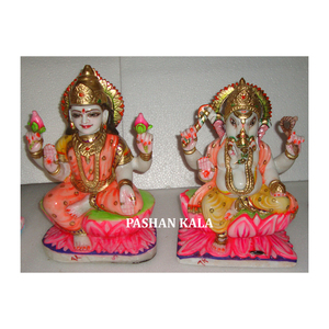 แฮนด์เมดสีขาวหินอ่อน Laxmi พระพิฆเนศที่มีสีสันรูปปั้นที่สวยงาม - Product Image 1