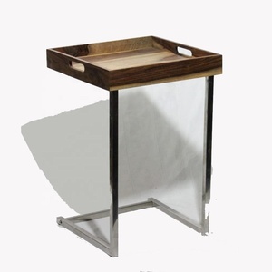 Mesa Auxiliar de Acero Inoxidable con Bandeja de Madera, Mesa Auxiliar de Acero Inoxidable para Barbacoa, Mesa para Cama con Ruedas - Product Image 1