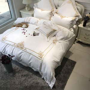 Cotton Trắng Màu Luxury Hotel Bedding Set Vàng Thêu Bed Sheet Set Duvet Cover Vua - Product Image 3