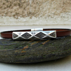 <b>Mens</b> Leather Bracelet Leather <b>Mens</b> Bracelet Cuff Brown Black <b>Silver</b> Plated - Product Image 1