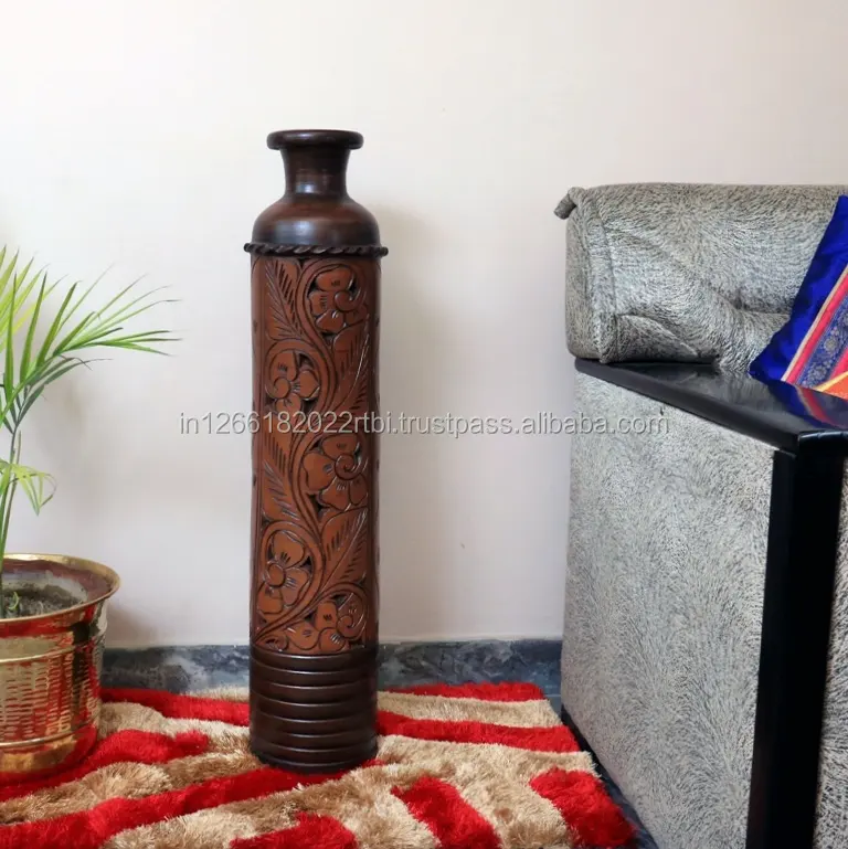Classic Handmade Piece Of Art - Handcrafted Floor vase with Floral design - Walnut Finish