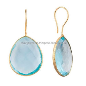 Vermeil Gold Bezel Set <b>Drop</b> <b>Earrings</b> with Hydro Blue Topaz Gemstone <b>Sterling</b> <b>Silver</b> Wedding & Party Gift - Product Image 1