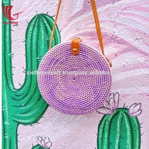 Vente en gros de sacs à main écologiques pour femmes Nouveau sac à bandoulière en rotin imprimé vintage avec plaque de bois Perle avec pompon en cuir Doublure en toile pour - Product Image 6